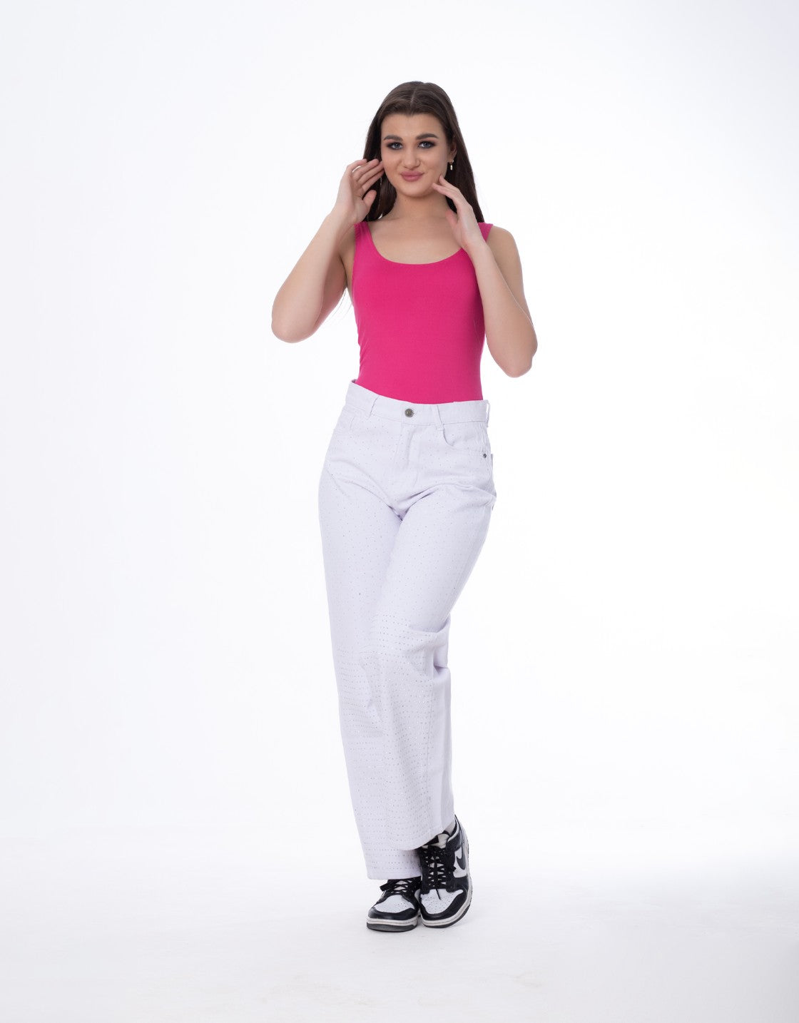 Strass Studded Jeans Pants White Color OBS-350W