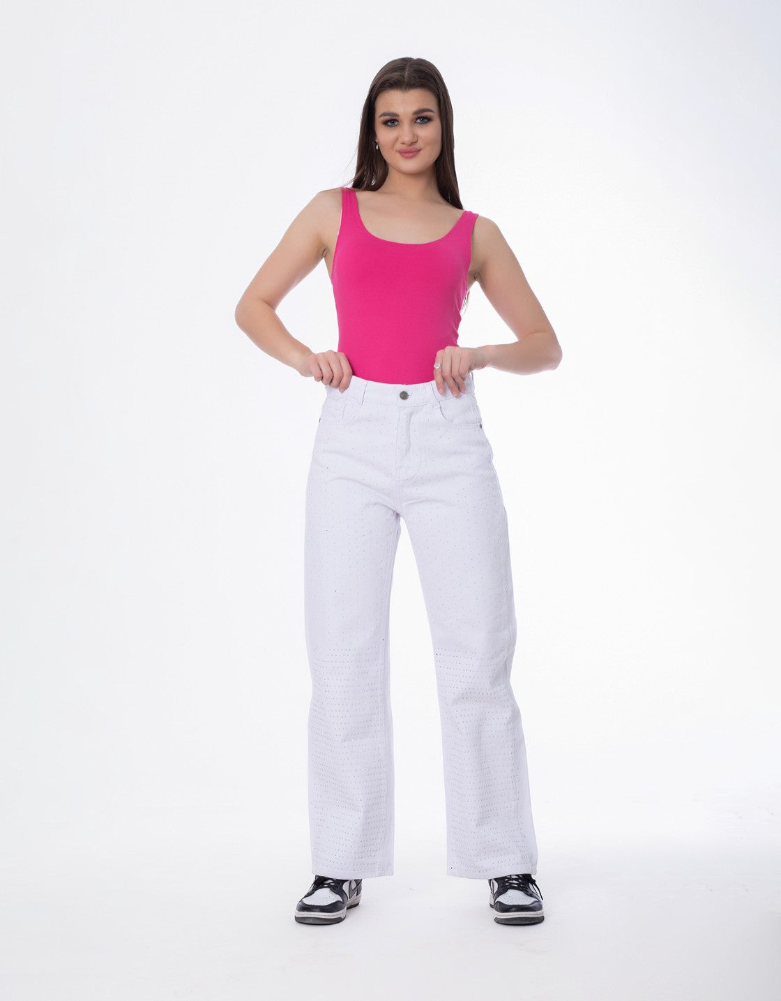 Strass Studded Jeans Pants White Color OBS-350W