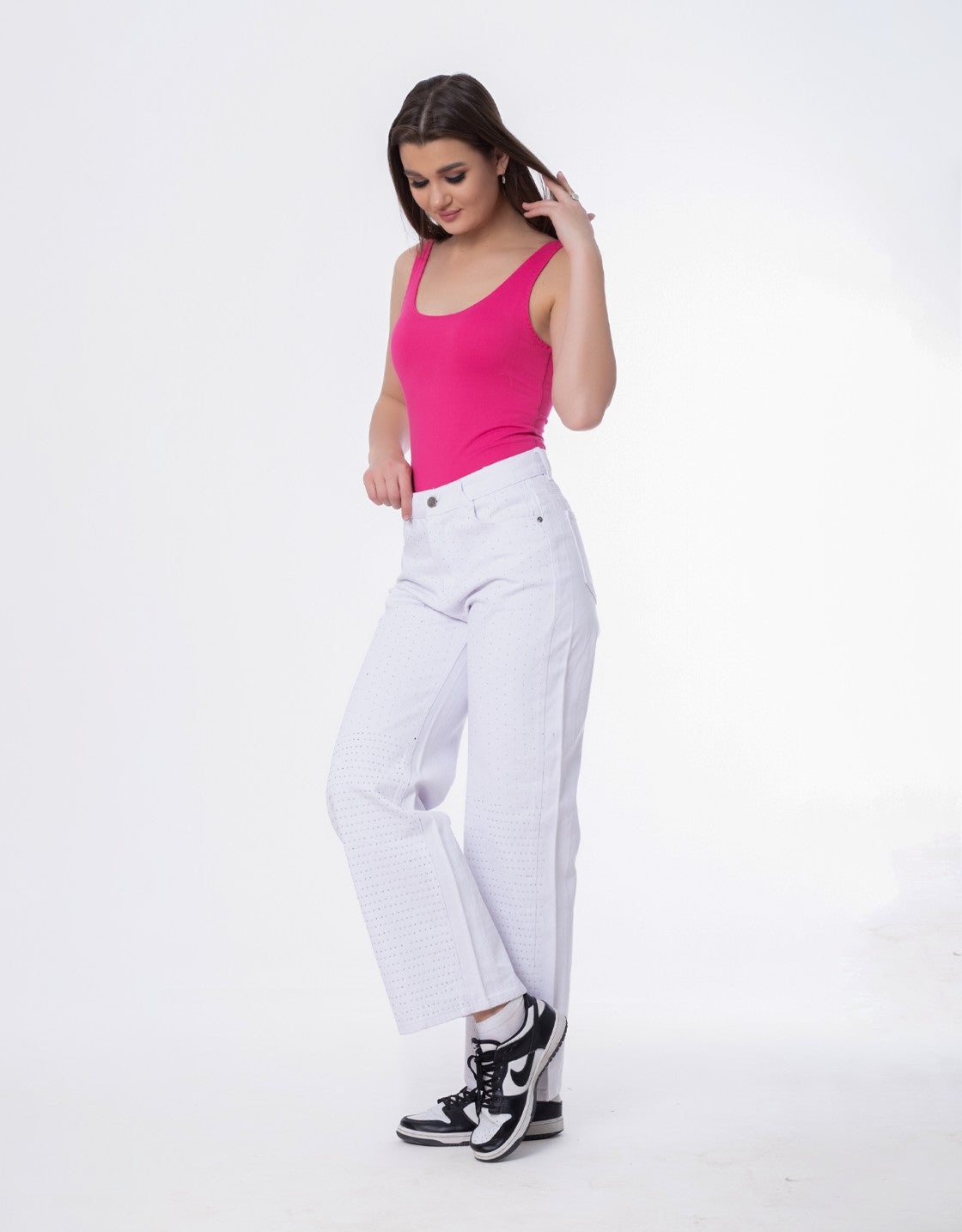 Strass Studded Jeans Pants White Color OBS-350W