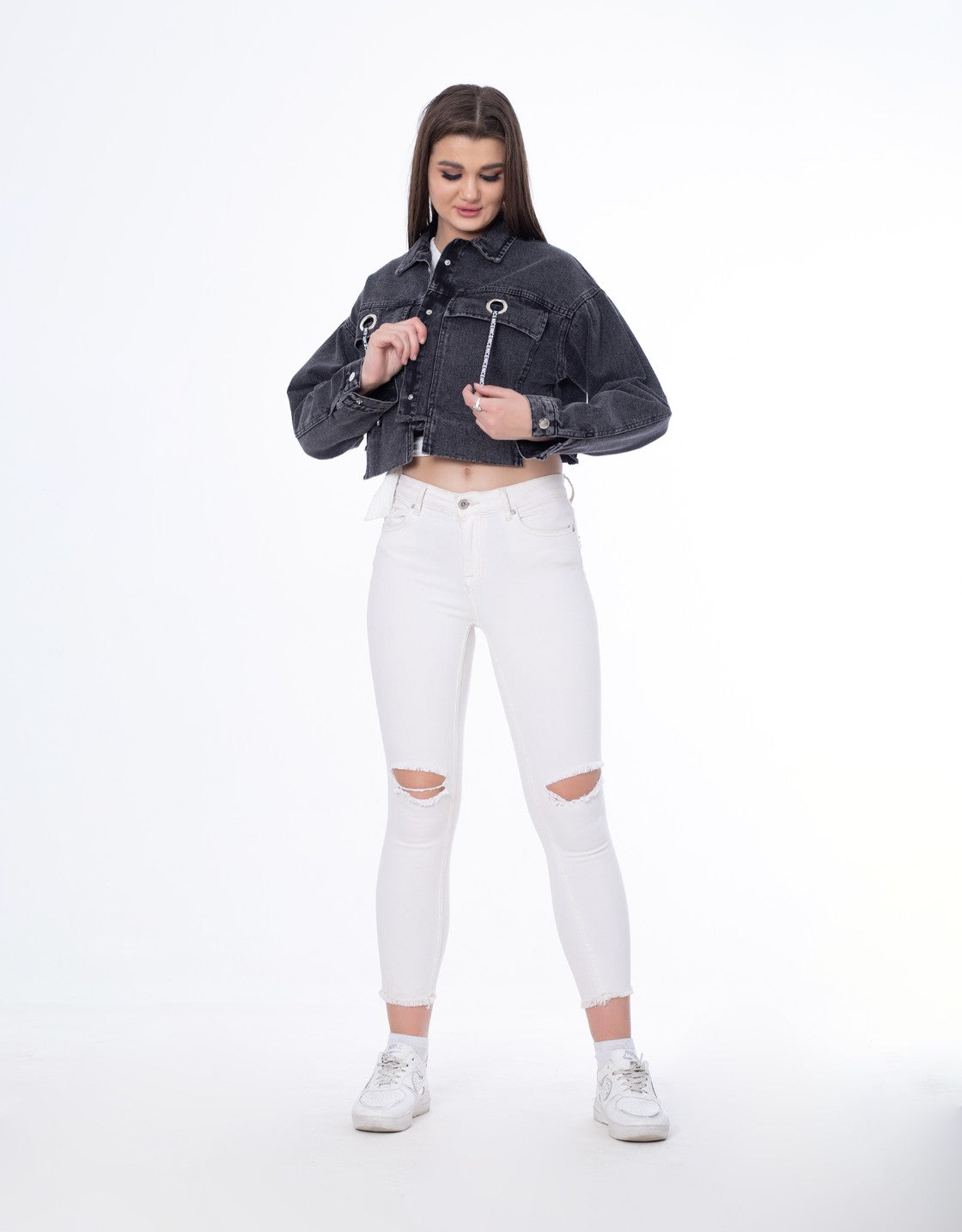 Cropped Jeans Jacket Light Grey Color OJ-537CBL