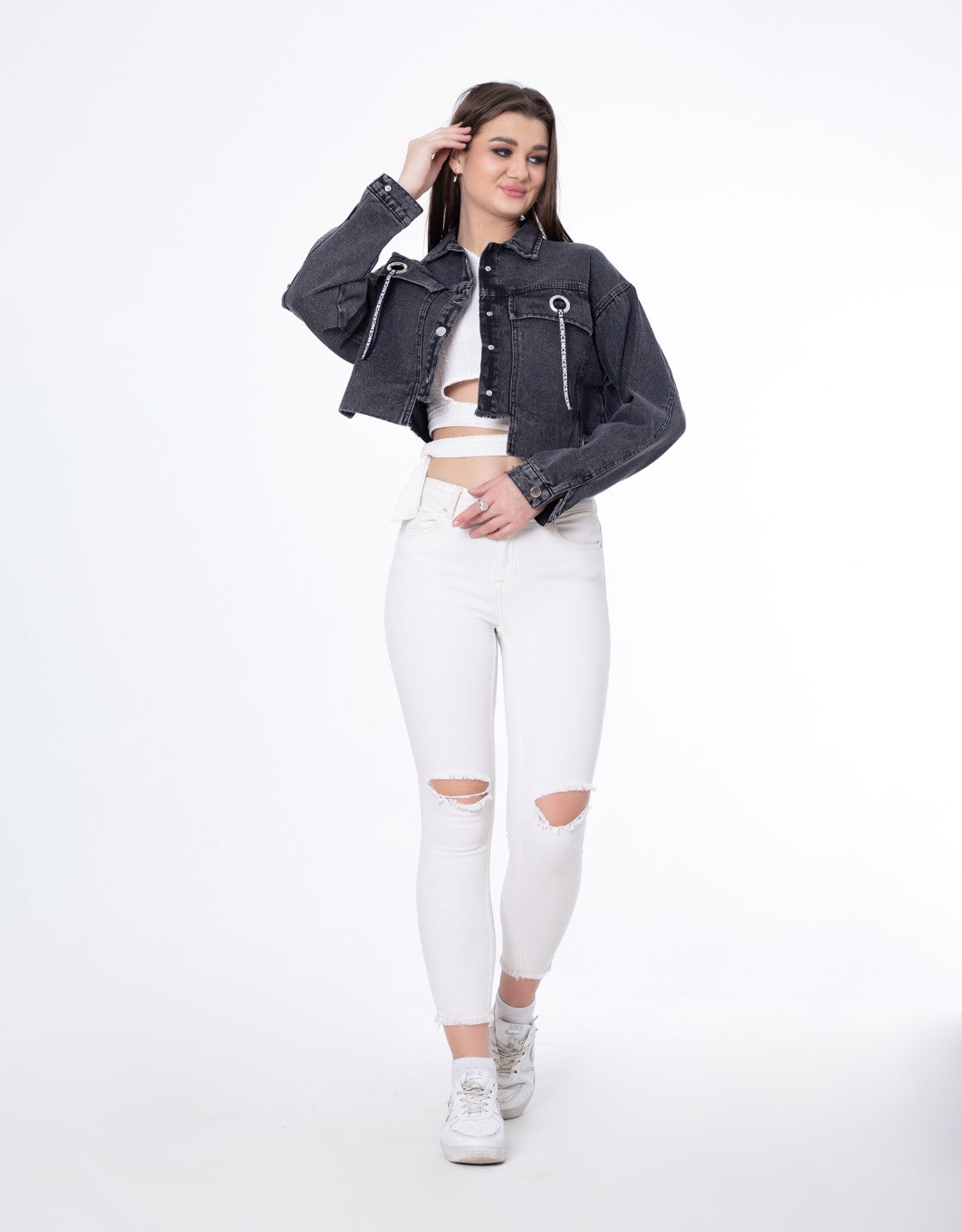 Cropped Jeans Jacket Light Grey Color OJ-537CBL