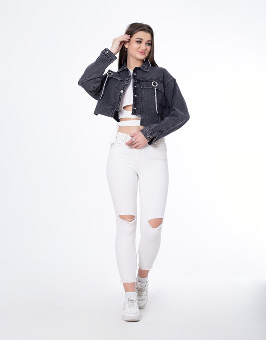 Cropped Jeans Jacket Light Grey Color OJ-537CBL