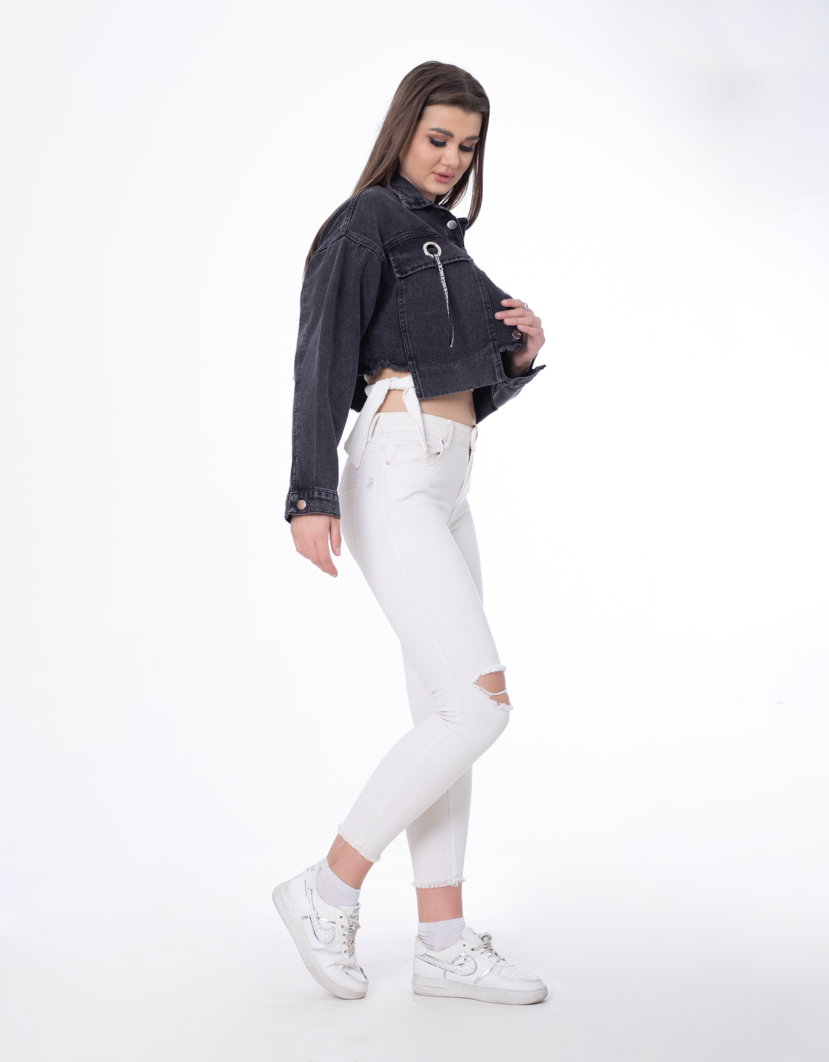 Cropped Jeans Jacket Dark Grey Color OJ-537BBL