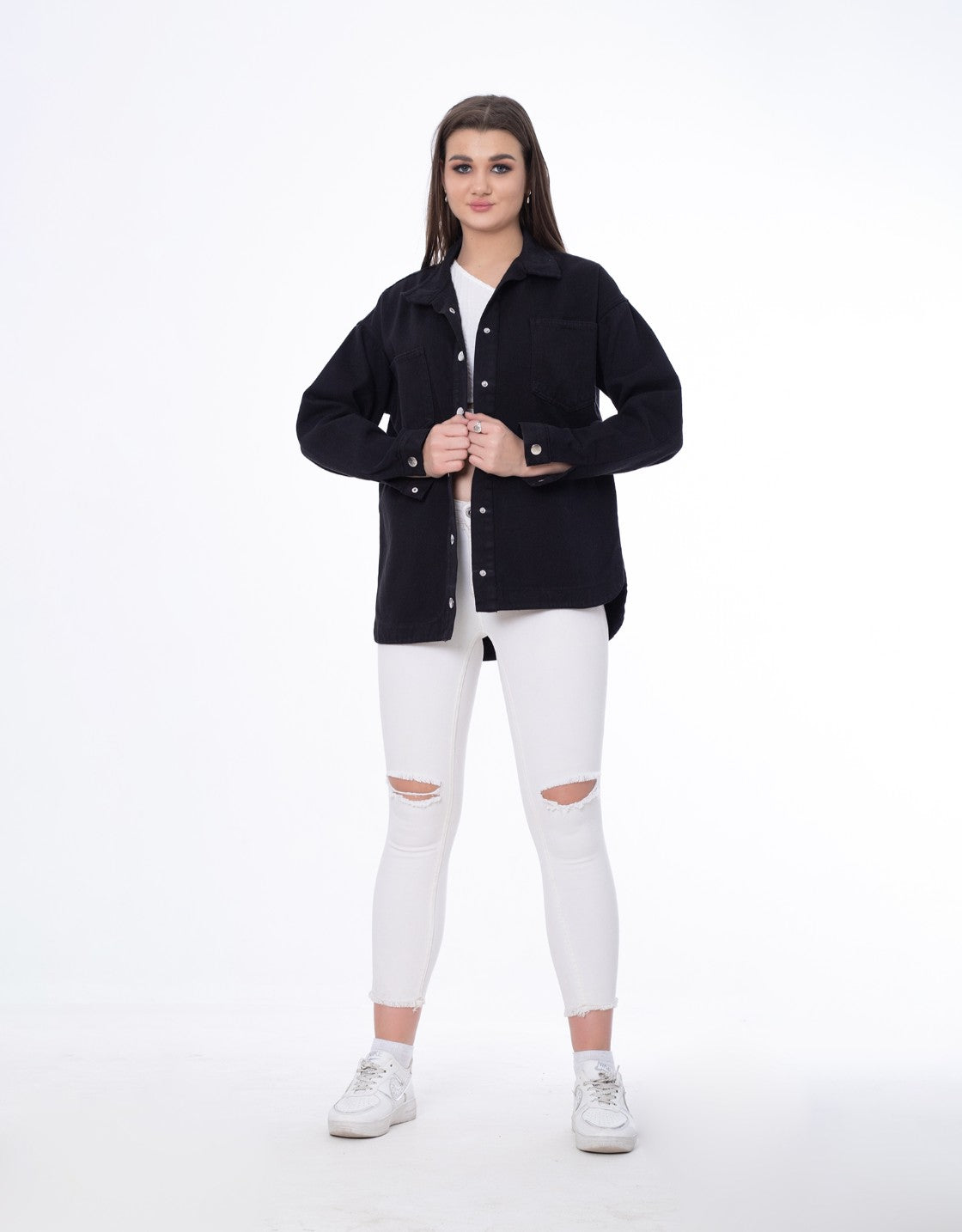 Gabardine Jacket With Pockets Front Buttons Black Color OJ-512BBL
