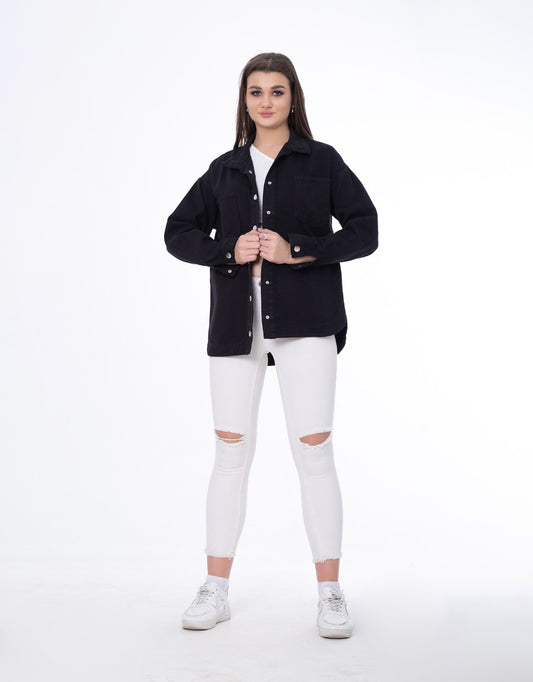 Gabardine Jacket With Pockets Front Buttons Black Color OJ-512BBL