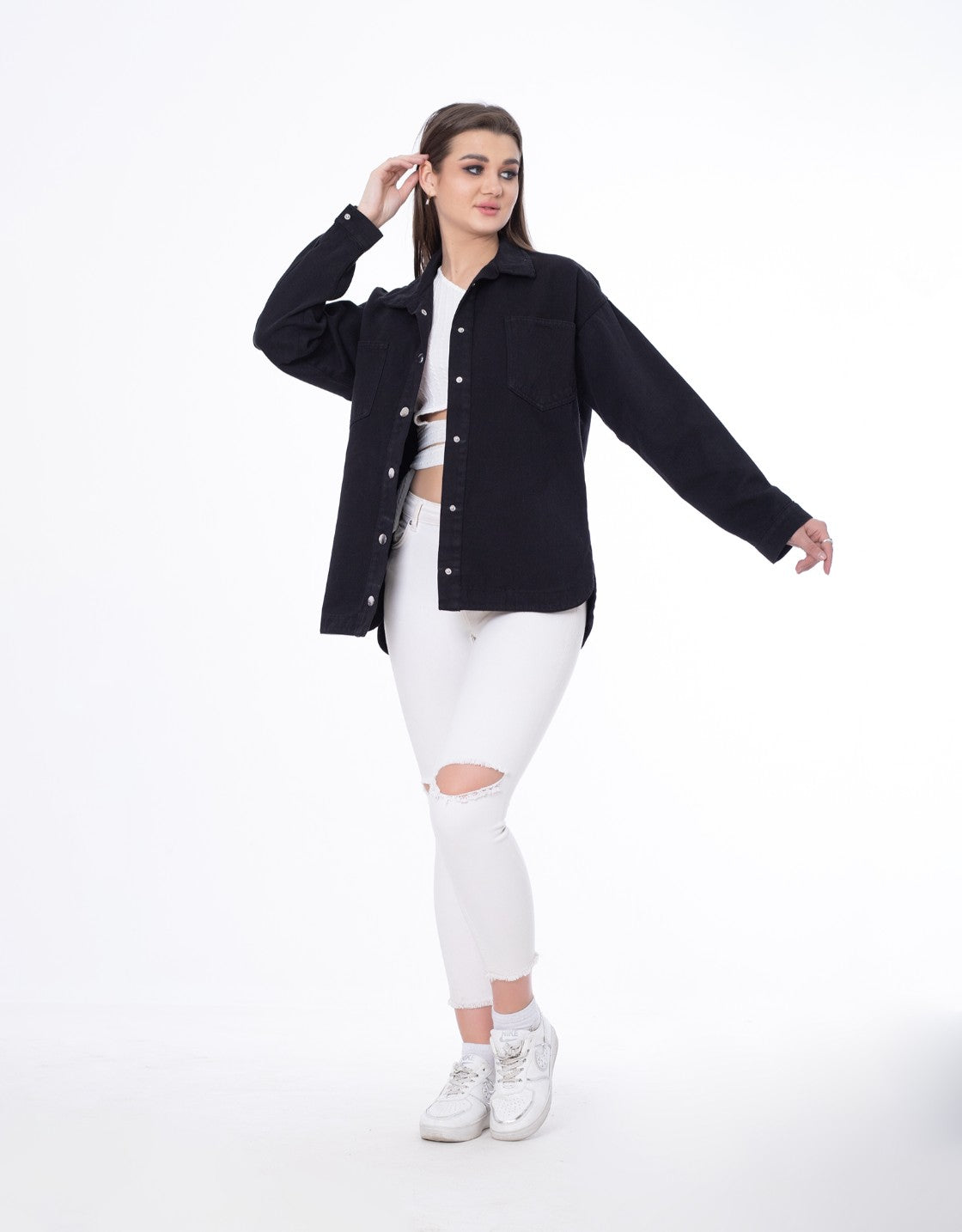 Gabardine Jacket With Pockets Front Buttons Black Color OJ-512BBL