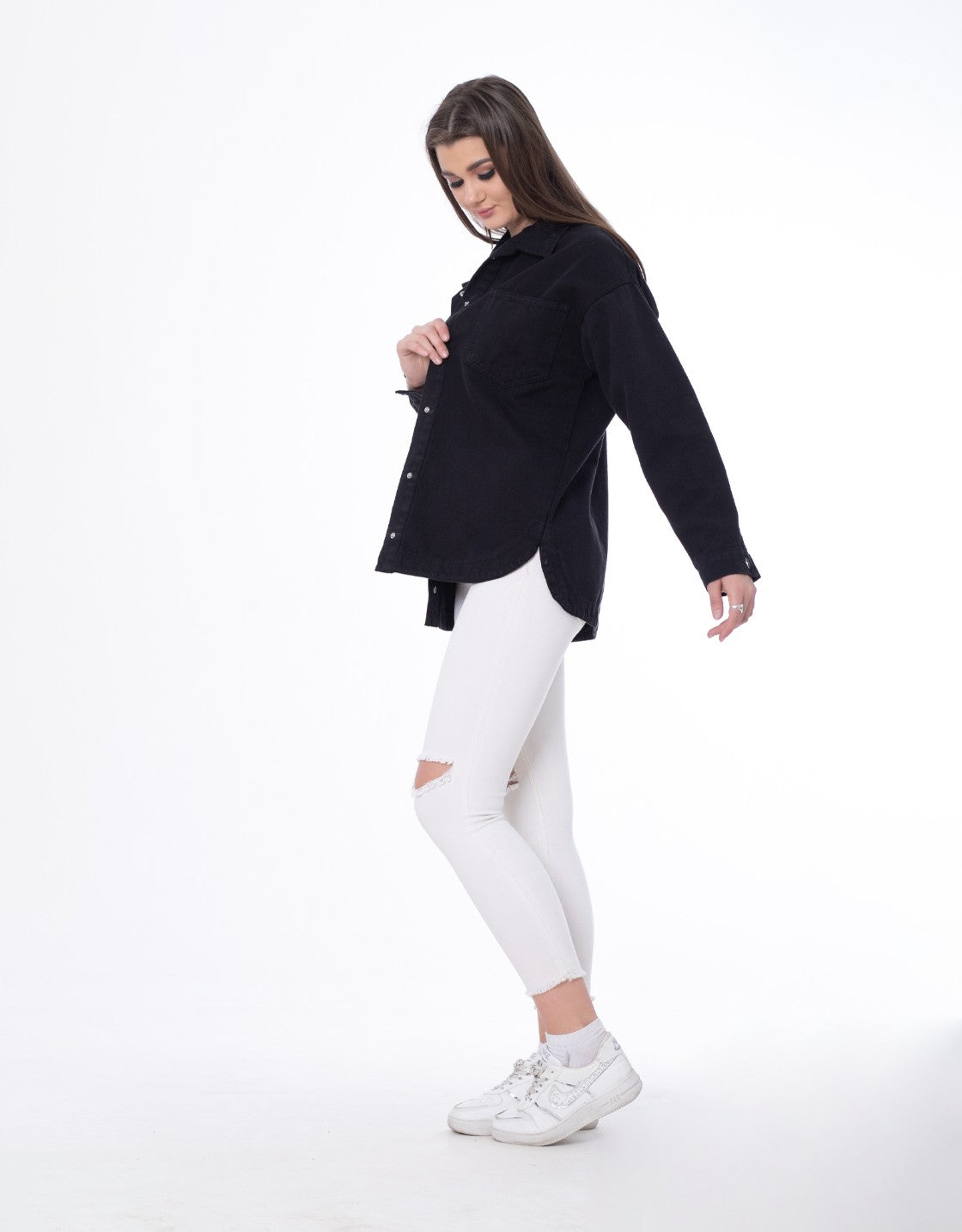Gabardine Jacket With Pockets Front Buttons Black Color OJ-512BBL