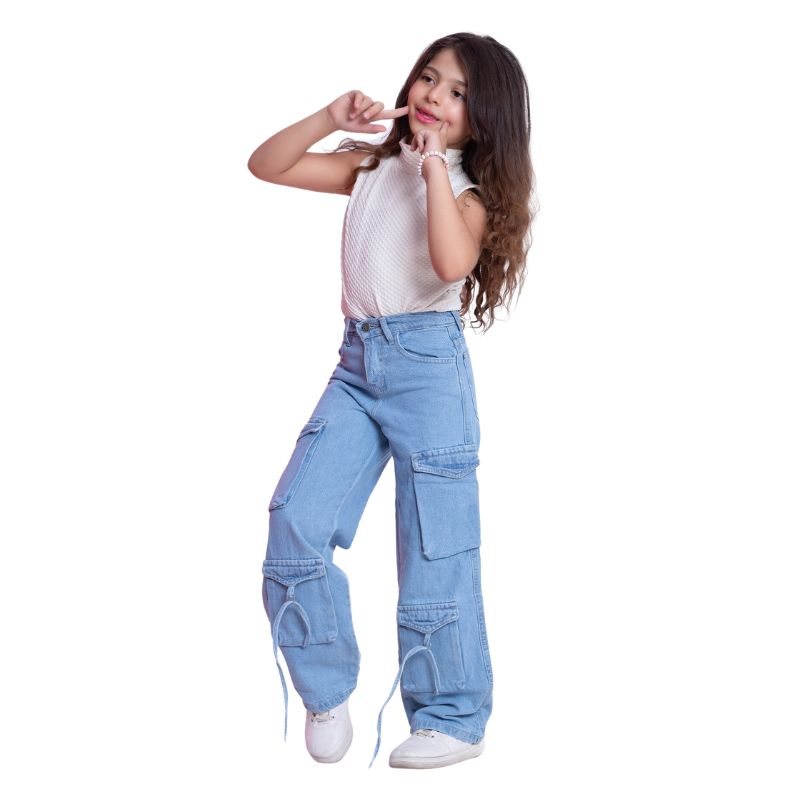 High Waist Flap Cargo Pocket Rope Light Blue Color Jeans Pants OB-635C