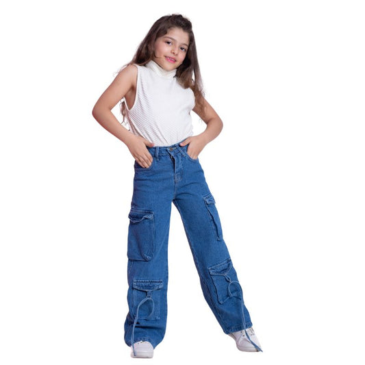 High Waist Flap Cargo Pocket Rope Medium Blue Color Jeans Pants OB-635B