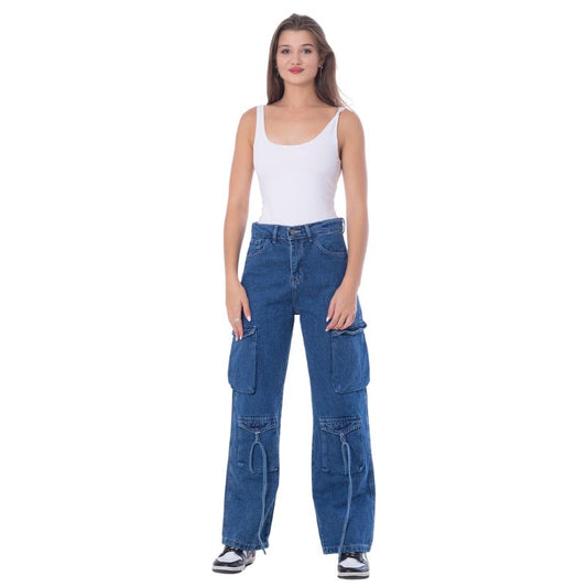 High Waist Flap Cargo Pocket Rope Dark Blue Color Jeans Pants OB-634A