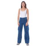 High Waist Flap Cargo Pocket Rope Dark Blue Color Jeans Pants OB-634A