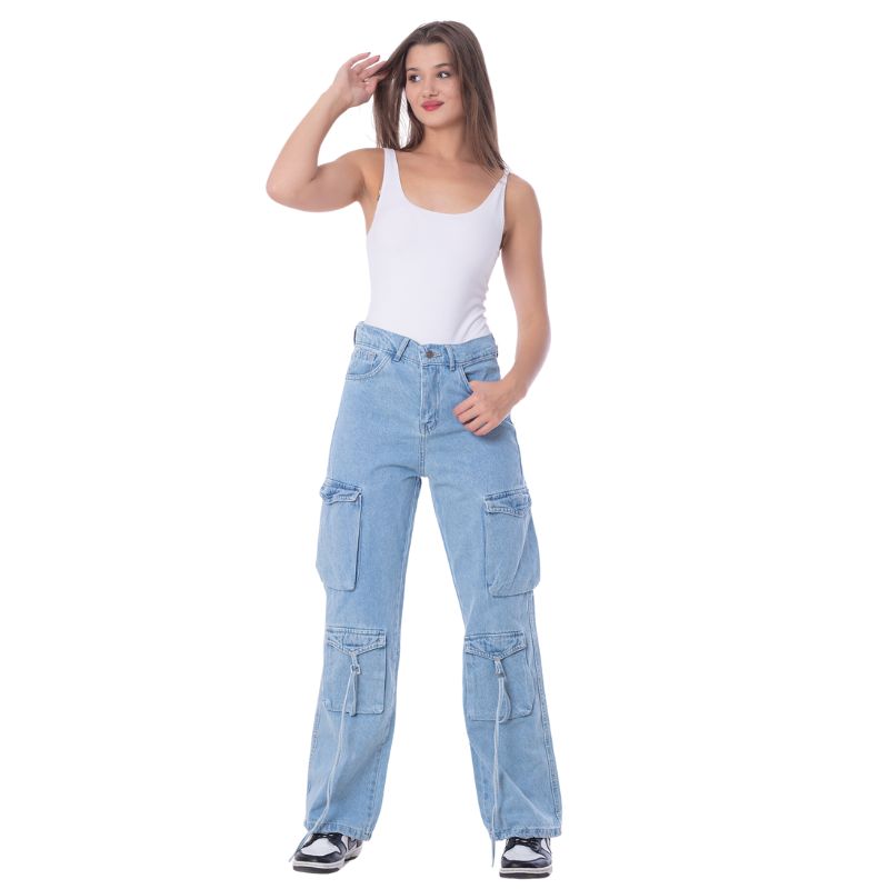 High Waist Flap Cargo Pocket Rope Light Blue Color Jeans Pants OB-634C
