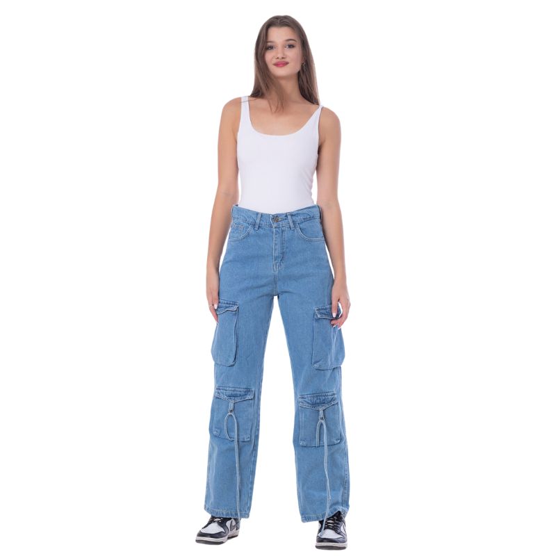 High Waist Flap Cargo Pocket Rope Medium Blue Color Jeans Pants OB-634B