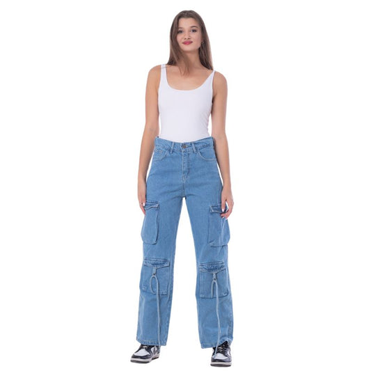 High Waist Flap Cargo Pocket Rope Medium Blue Color Jeans Pants OB-634B