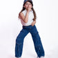 High Waist Flap Cargo Pocket Rope Dark Blue Color Jeans Pants OB-635A
