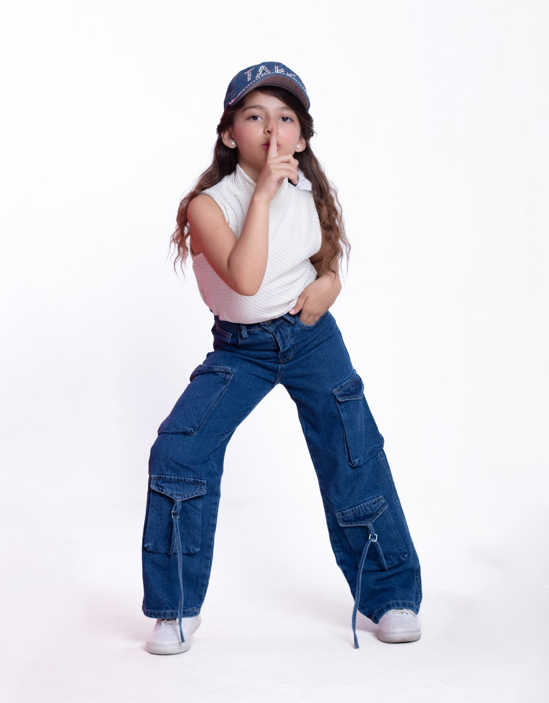 High Waist Flap Cargo Pocket Rope Dark Blue Color Jeans Pants OB-635A