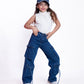 High Waist Flap Cargo Pocket Rope Dark Blue Color Jeans Pants OB-635A