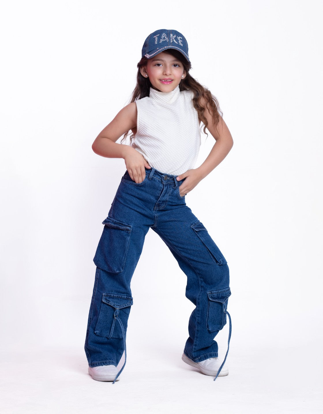 High Waist Flap Cargo Pocket Rope Dark Blue Color Jeans Pants OB-635A