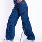 High Waist Flap Cargo Pocket Rope Dark Blue Color Jeans Pants OB-635A