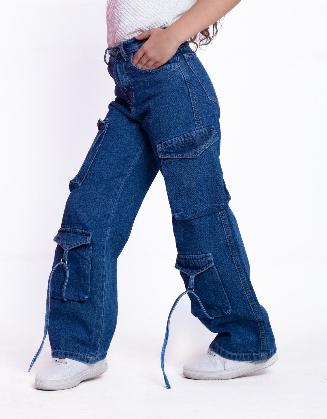 High Waist Flap Cargo Pocket Rope Dark Blue Color Jeans Pants OB-635A
