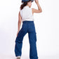 High Waist Flap Cargo Pocket Rope Dark Blue Color Jeans Pants OB-635A