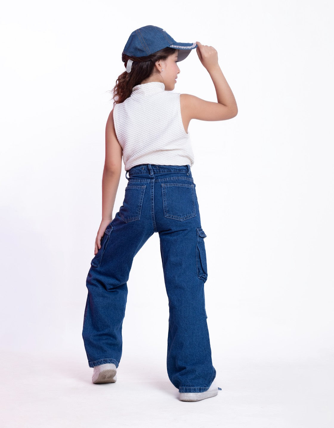 High Waist Flap Cargo Pocket Rope Dark Blue Color Jeans Pants OB-635A