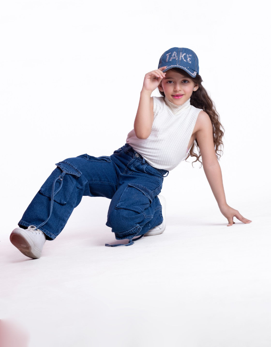 High Waist Flap Cargo Pocket Rope Dark Blue Color Jeans Pants OB-635A