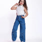 High Waist Flap Cargo Pocket Rope Medium Blue Color Jeans Pants OB-635B