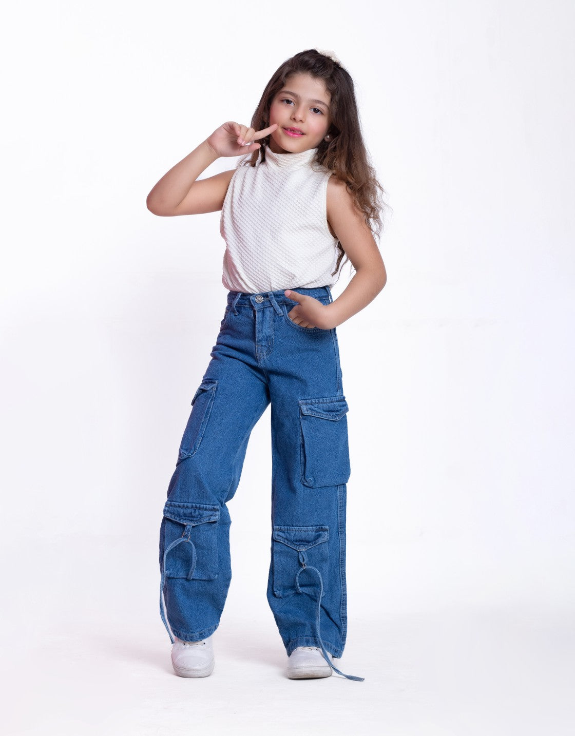 High Waist Flap Cargo Pocket Rope Medium Blue Color Jeans Pants OB-635B