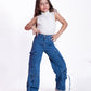 High Waist Flap Cargo Pocket Rope Medium Blue Color Jeans Pants OB-635B