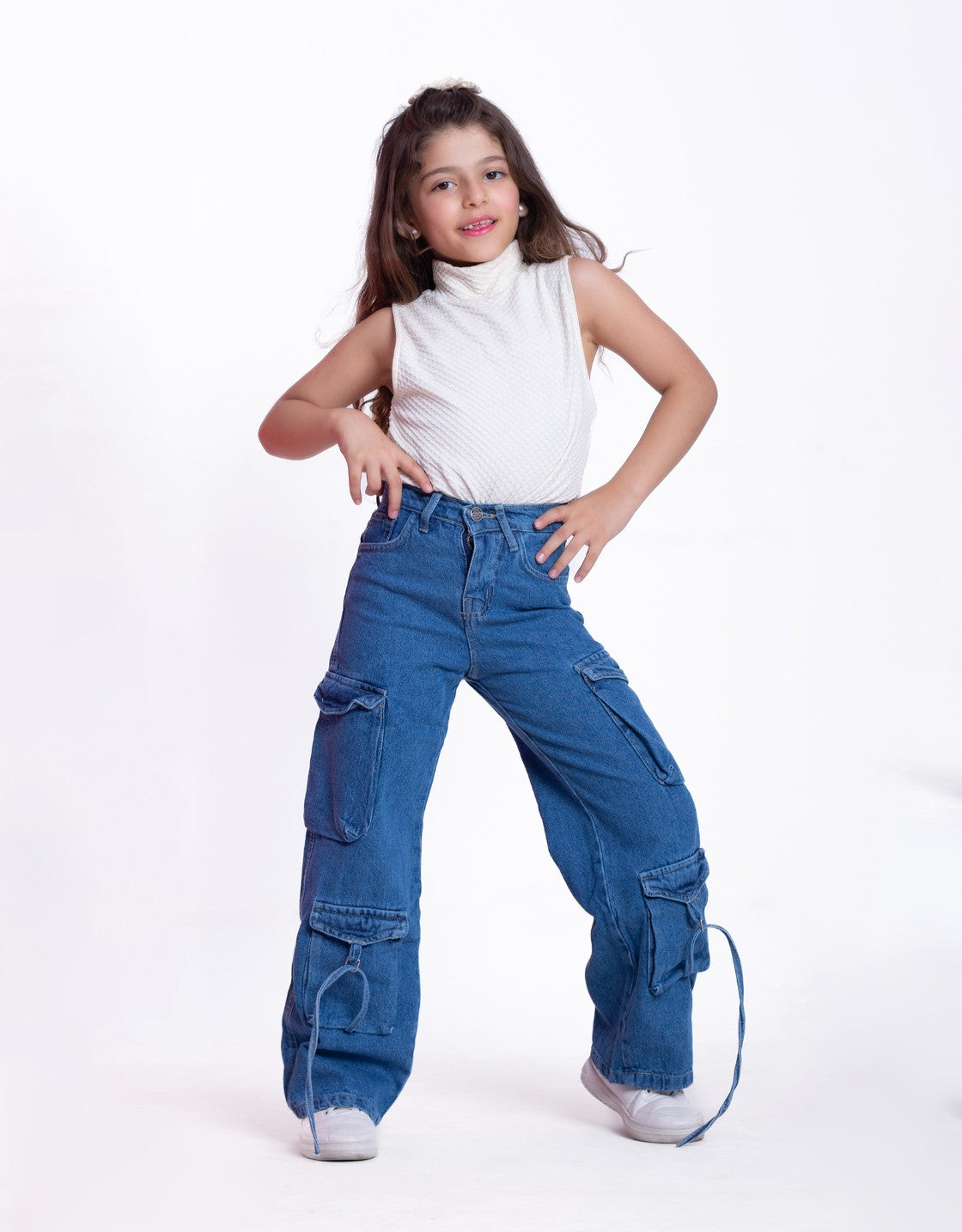 High Waist Flap Cargo Pocket Rope Medium Blue Color Jeans Pants OB-635B