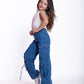 High Waist Flap Cargo Pocket Rope Medium Blue Color Jeans Pants OB-635B