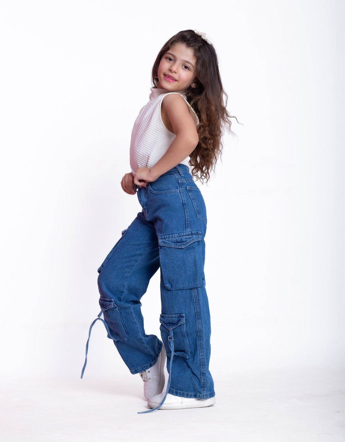 High Waist Flap Cargo Pocket Rope Medium Blue Color Jeans Pants OB-635B