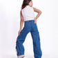 High Waist Flap Cargo Pocket Rope Medium Blue Color Jeans Pants OB-635B