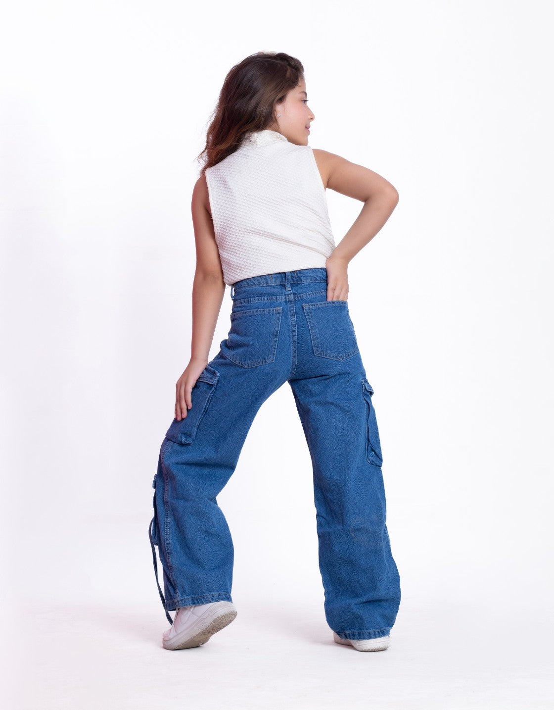 High Waist Flap Cargo Pocket Rope Medium Blue Color Jeans Pants OB-635B