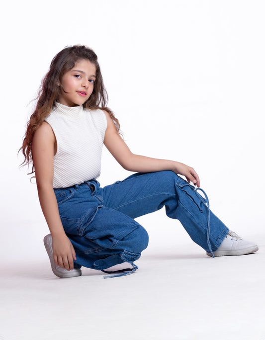 High Waist Flap Cargo Pocket Rope Medium Blue Color Jeans Pants OB-635B