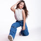 High Waist Flap Cargo Pocket Rope Medium Blue Color Jeans Pants OB-635B