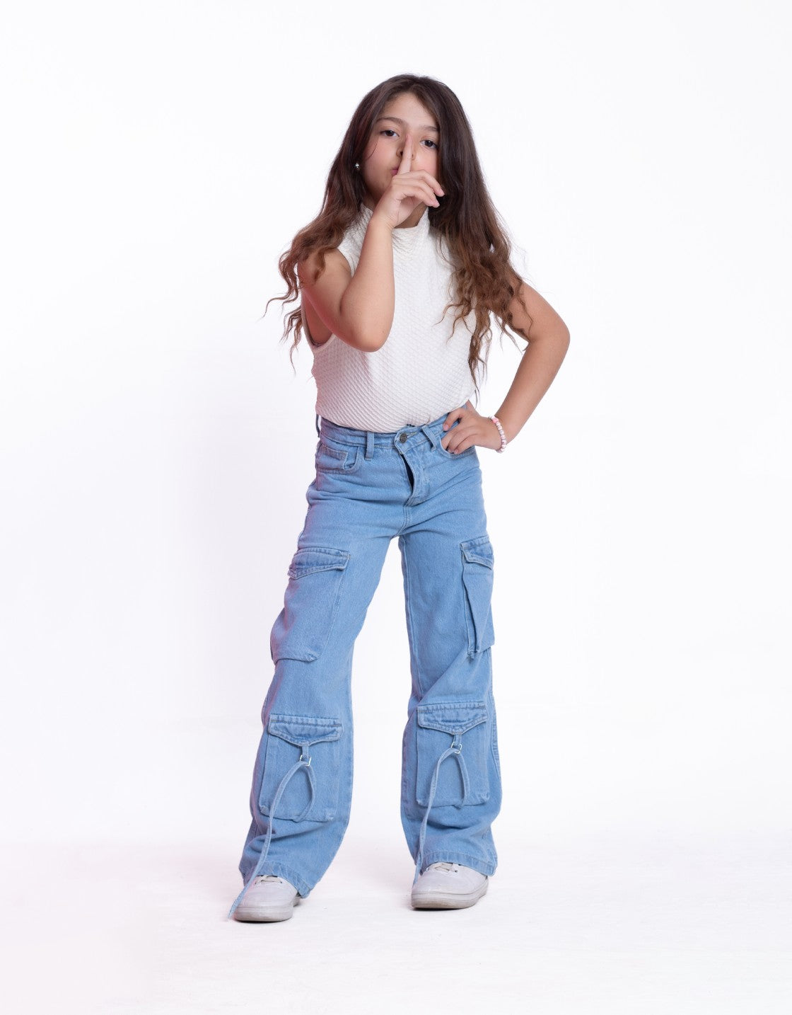 High Waist Flap Cargo Pocket Rope Light Blue Color Jeans Pants OB-635C