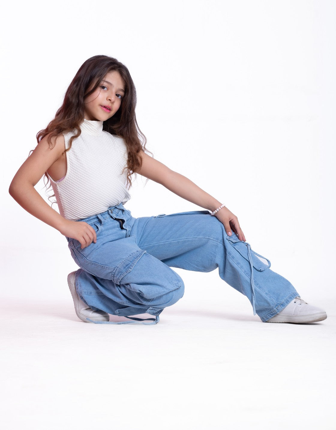 High Waist Flap Cargo Pocket Rope Light Blue Color Jeans Pants OB-635C