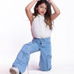 High Waist Flap Cargo Pocket Rope Light Blue Color Jeans Pants OB-635C