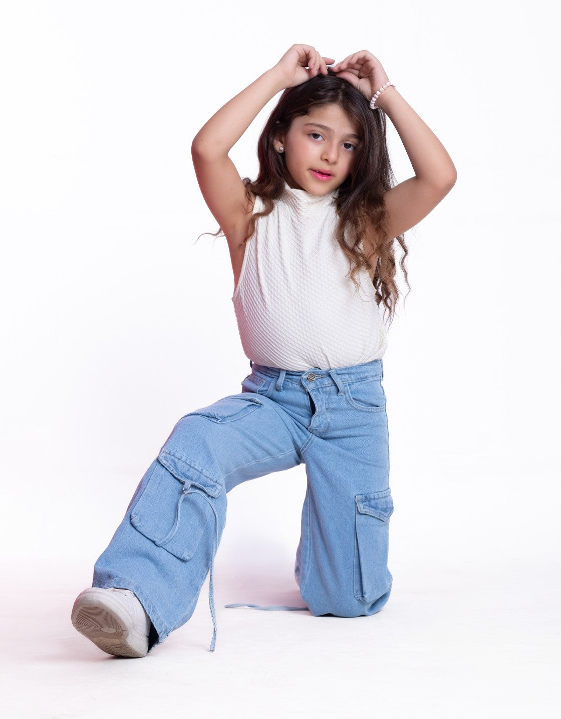 High Waist Flap Cargo Pocket Rope Light Blue Color Jeans Pants OB-635C