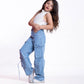 High Waist Flap Cargo Pocket Rope Light Blue Color Jeans Pants OB-635C