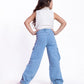 High Waist Flap Cargo Pocket Rope Light Blue Color Jeans Pants OB-635C