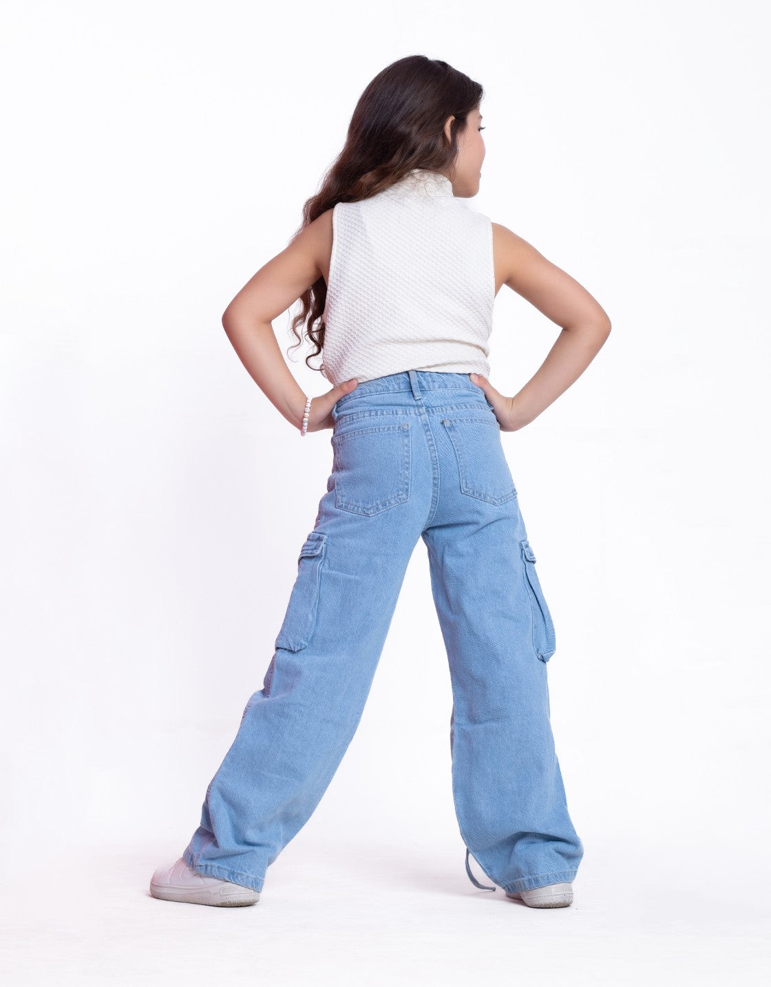 High Waist Flap Cargo Pocket Rope Light Blue Color Jeans Pants OB-635C
