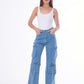 High Waist Flap Cargo Pocket Rope Medium Blue Color Jeans Pants OB-634B