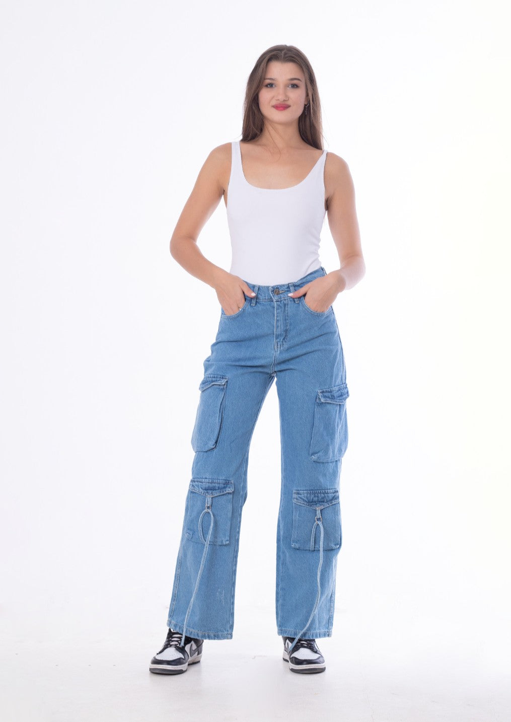 High Waist Flap Cargo Pocket Rope Medium Blue Color Jeans Pants OB-634B
