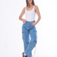 High Waist Flap Cargo Pocket Rope Medium Blue Color Jeans Pants OB-634B