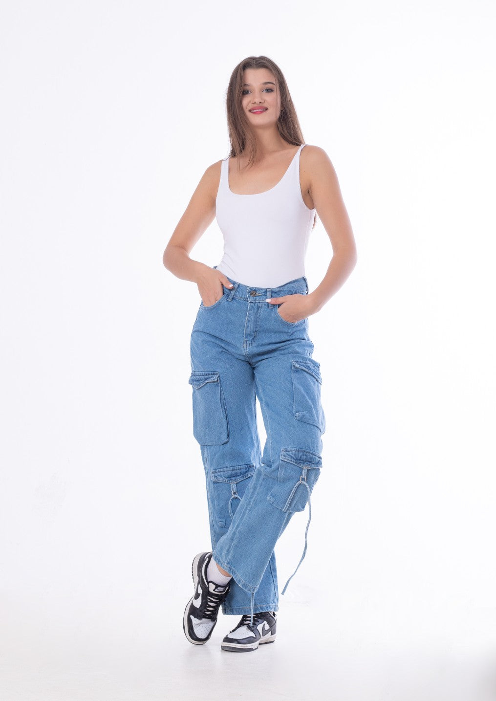 High Waist Flap Cargo Pocket Rope Medium Blue Color Jeans Pants OB-634B