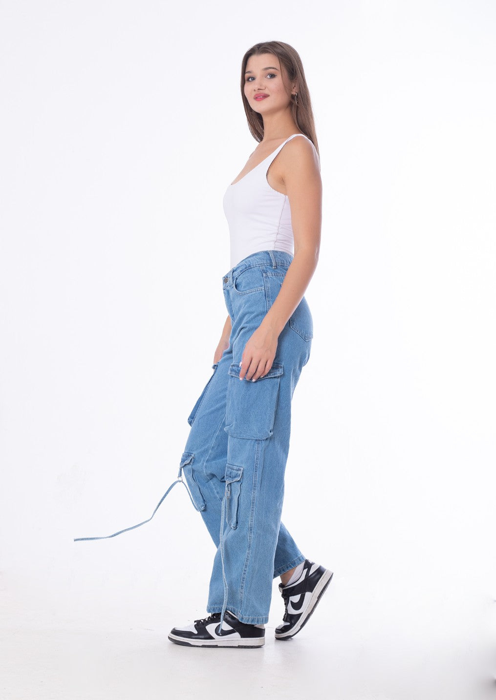High Waist Flap Cargo Pocket Rope Medium Blue Color Jeans Pants OB-634B