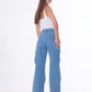 High Waist Flap Cargo Pocket Rope Medium Blue Color Jeans Pants OB-634B
